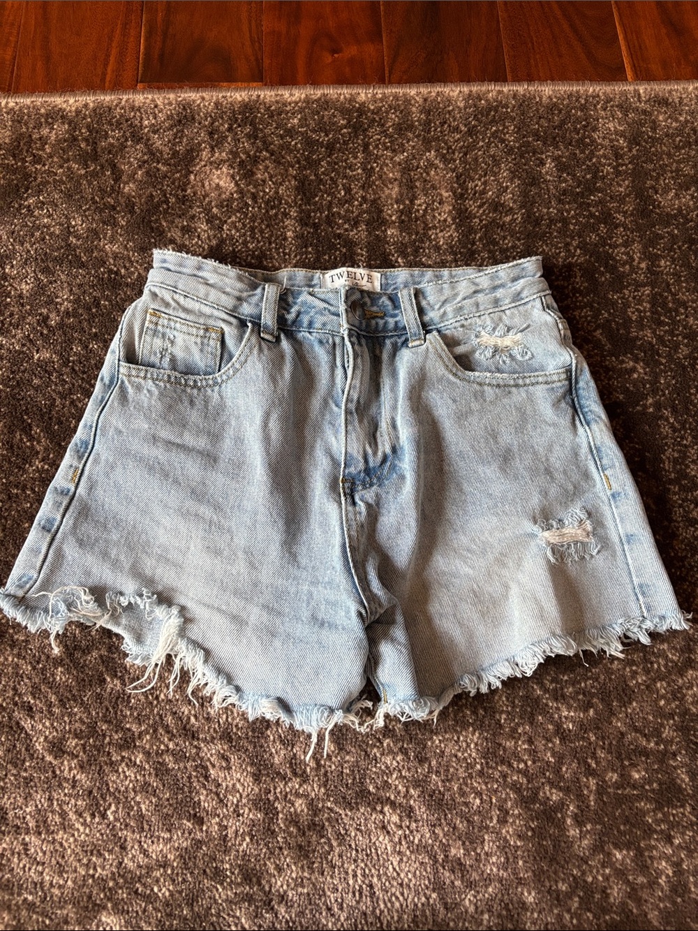 Twelve Light Blue Distressed High-Rise Denim Shorts